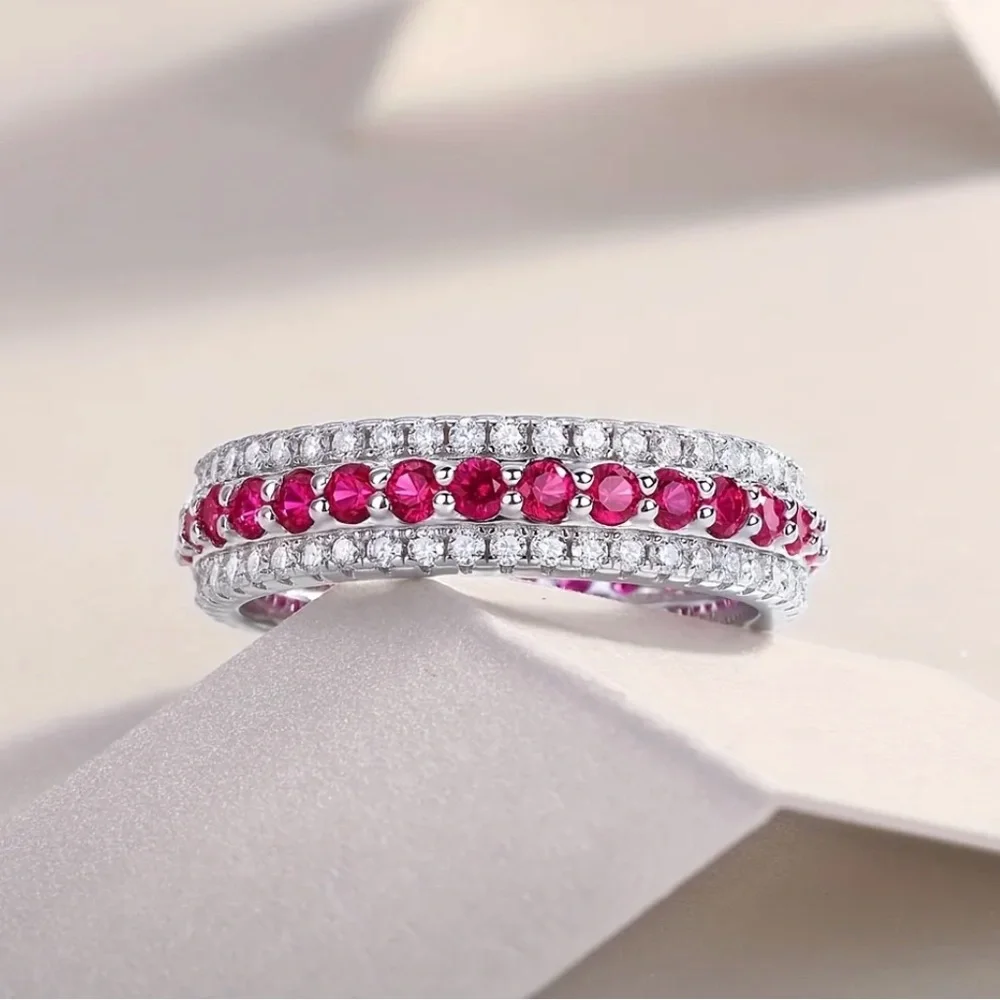 NWT Certified S925 Silver 3-Row Moissanite Ruby Inlaid Full Ring